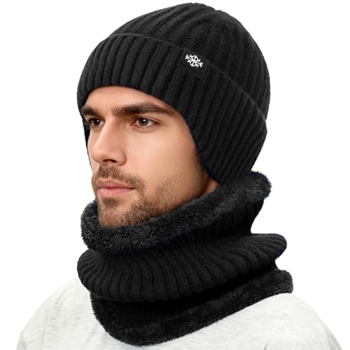 Trifabricy Winter Knit Hat Scarf Set, Fleece Lined Beanie and Neck Warmer - color: Black