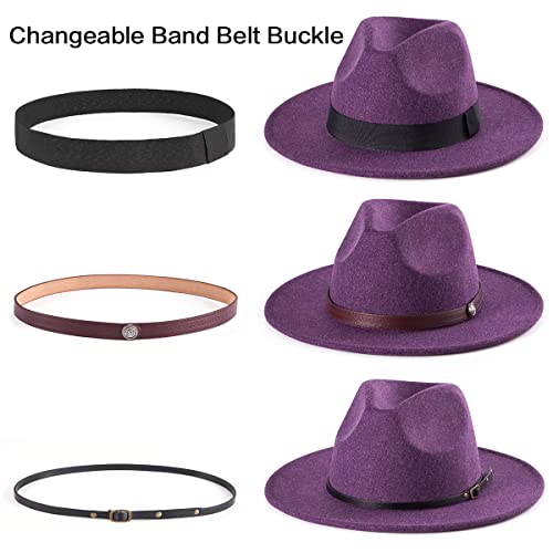 Felt Wide Brim Fedora Hats for Women Men, with Band Belt Buckle, Adjustable - color: P12 Mix Purple