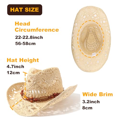 AQOKKA Straw Cowboy Hats for Women Men Western Cowgirl Hats with Shapeable Brim Woven Hollow Out Unisex Beach Roll Up Caps - color: Brown Beads Cowboy Hat : Beige