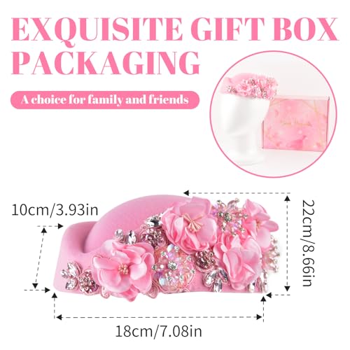 Beret Hats for Women British Felt hat Women's Church Derby Headdress Women's Floral hat Suitable for Wedding Parties Events - color: Pink