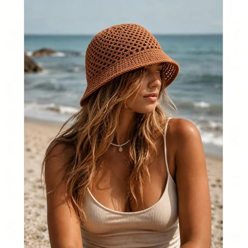 Women's Beach Bucket Hat Fisherman Cap Hollow Mesh Lightweight Breathable Sun Hat for Summer - color: Hollow Brown