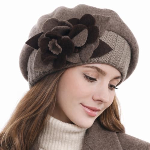Lady French Beret 100% Wool Beret Chic Beanie Winter Hat HY023 - color: Brown