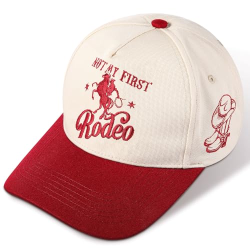 JaGely Two Tone Western Cowboy/Cowgirl Trucker Hat for Women Men Gift Vintage Embroidered Country Baseball Cap - color: Wine Red, style: Not My First Rodeo