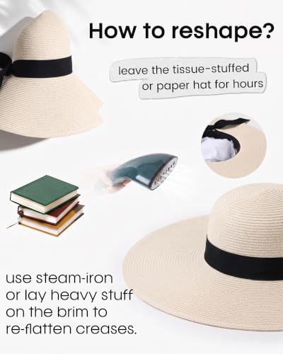 FURTALK Womens Sun Straw Hat Wide Brim Floppy Summer Beach Hats for Women - color: Beige, size: Large-X-Large