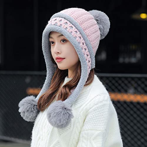 HUAMULAN Women Winter Peruvian Beanie Hat Ear Flaps Fleece Lining - color: Pink Grey