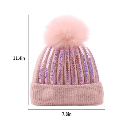 Women Girls Winter Sequin Beanie Hat with Faux Fur Pom Pom Knit Skull Cap - color: Glitter-pink