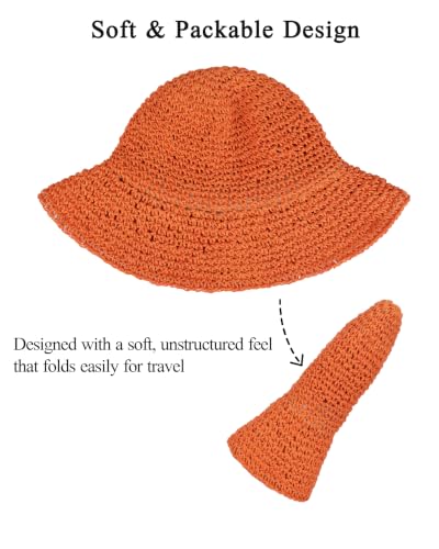 Womens Crochet Straw Sun Hat Foldable Floppy Wide Brim Beach Hat for Summer - color: Orange