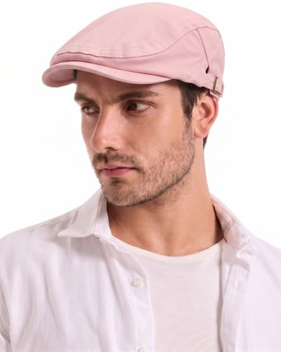 ZLYC Men Cotton Flat Cap Summer Scally Newsboy Beret Driver Hat - color: Twill Pink