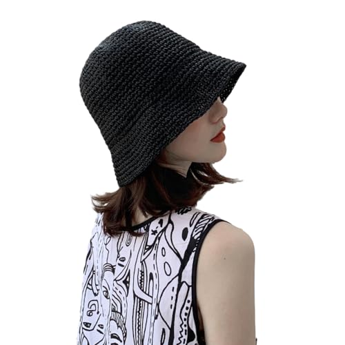 Women Sun Hat Hand-Woven Packable Beach Bucket Hat Summer Floppy UV Protection Hats - color: Black