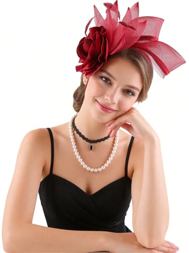 Fascinators Hat for Girls and Women Tea Party Flower Mesh Feather Kentucky Headwear with Headband and Clip - color: Burgundy