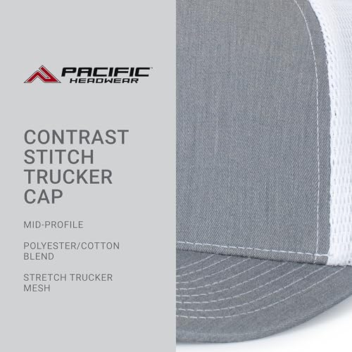 Pacific Headwear Contrast Stitch Trucker Pacflex Snapback Cap - color: Heather Grey/White/Heather Grey