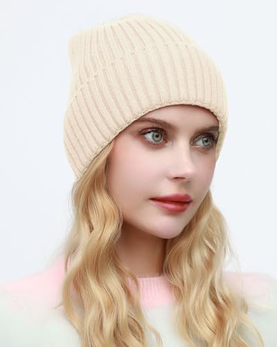 ROYBENS Womens Satin Lined Beanie for Men Wool Knit Cuffed Warm Winter Hats - color: 1pcs-beige