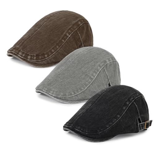 3Pcs Men's Newsboy Caps Cotton Cooling Hat Adjustable Flat Cap for Men - color: Washed 2-black+darkgrey+coffee