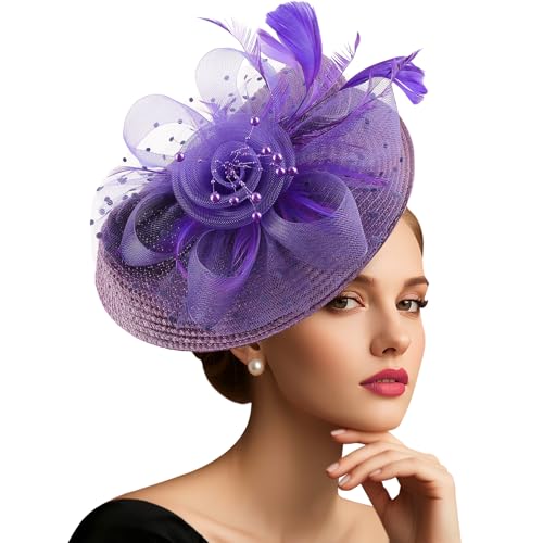 DRESHOW Fascinators Hat Flower Mesh Feathers Hat with a Headband and a Clip 7.9" Tea Party Headwear for Women - color: Folded Style 2: Purple / 7.9"