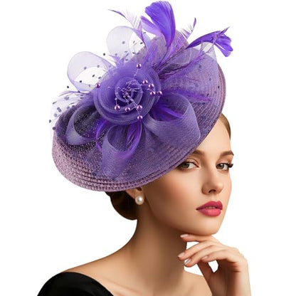 DRESHOW Fascinators Hat Flower Mesh Feathers Hat with a Headband and a Clip 7.9" Tea Party Headwear for Women - color: Folded Style 2: Purple / 7.9"