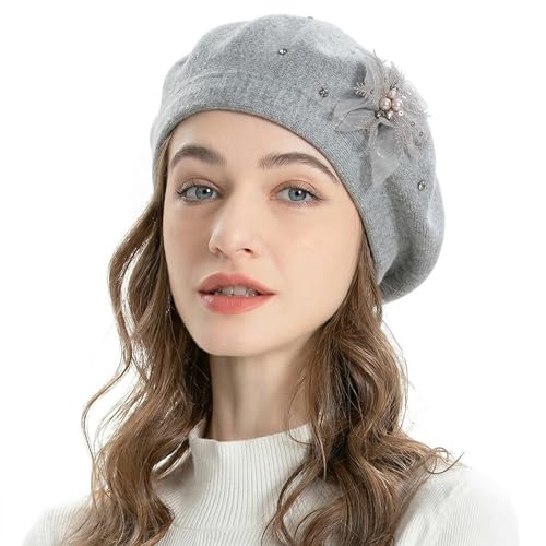 ZLYC Women French Beret Hat Reversible Solid Color Mosaic Warm Artist Cap - color: Bead Flower Gray