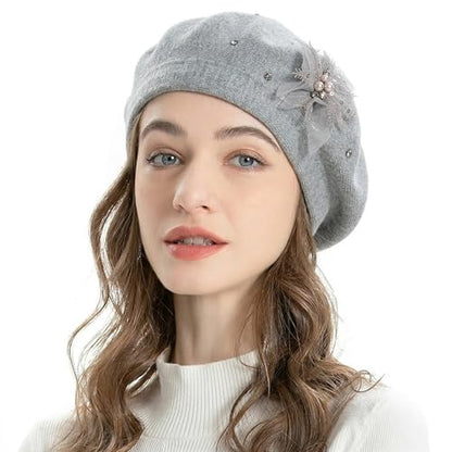 ZLYC Women French Beret Hat Reversible Solid Color Mosaic Warm Artist Cap - color: Bead Flower Gray