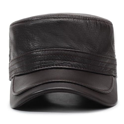 Men's Leather Military Style Hat Cadet Army Caps Flat Top Cap - color: Brown