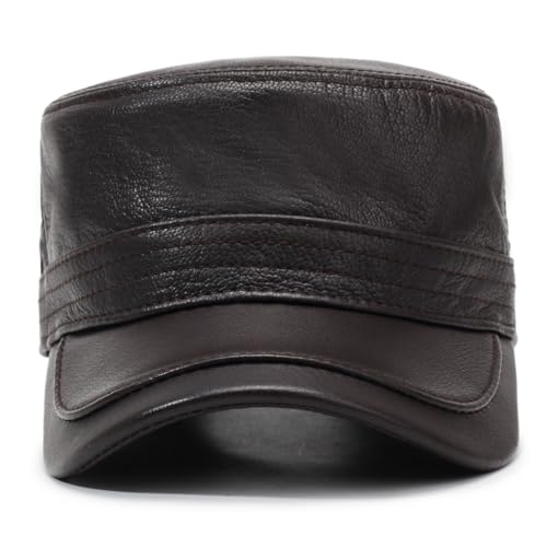 Men's Leather Military Style Hat Cadet Army Caps Flat Top Cap - color: Brown