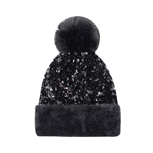 Women Sparkly Sequins Knitted Beanie Hat Warm Winter Skull Cap with Faux Fur Pom Pom - color: Black