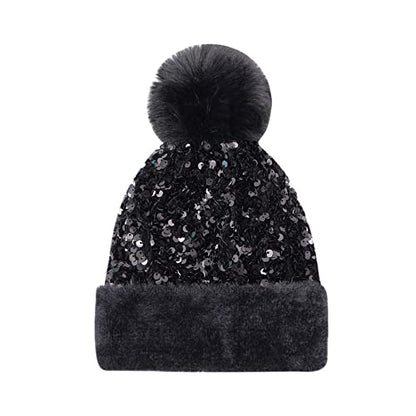 Women Sparkly Sequins Knitted Beanie Hat Warm Winter Skull Cap with Faux Fur Pom Pom - color: Black