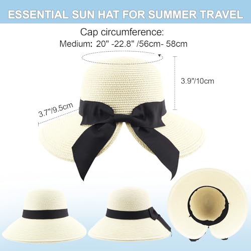 DRESHOW Sun Hats for Women Travel Fedora Foldable Beach Sun Hat Summer Wide Brim Straw Bucket Hat with Bowknot UPF 50+ - color: 1 Pack Bowknot Straw Hat: Ivory White