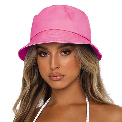 Bucket Hat for Women Men, Reversible Cotton Summer Sun Beach Cap Solid Color Style - color: A-hot Pink