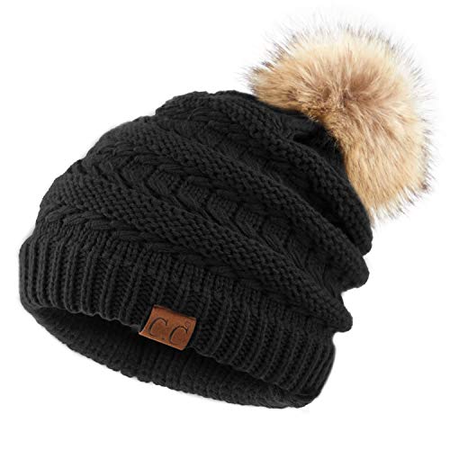 C.C Hatsandscarf Exclusives Unisex Solid Ribbed Beanie with Pom (HAT-43) - color: A Black-tilted Stitch