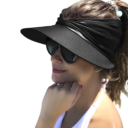 Sun Hat Women Beach Visor Cap UV Protection with Wide Brim Packable Summer Sport Ponytail Sun Cap - color: Black