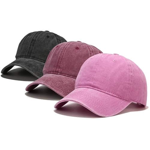 Baseball Cap 3 Pack, Vintage Distressed Cotton Dad Hats for Women Men - color: Black, Burgundy, Pink