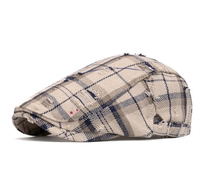 Quanhaigou Unisex Denim Newsboy Hats Flat Ivy Gatsby Cabbie Driving Berets Hat Cotton Dad Cap for Men Women - color: Plaid Distressed Beige