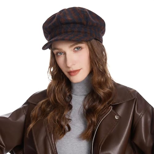 ZLYC Women Classic Newsboy Cap Visor 8 Panel Gatsby Cabbie Paperboy Hat - color: Gingham Burgundy and Navy