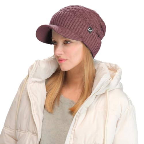 C.C Fuzzy Fleece Lined Warm Oversized Chunky Soft Stretchy Oversized Two Way Ribbed Slouchy Knit Hat with Visor Brim - color: Coco Berry