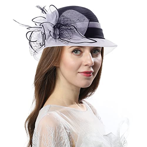 Women Two-Tone Tea Party Dress Bowler Cloche Bucket Derby Church Hat - color: White