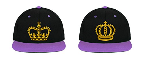 King & Queen Crowns, Perfect Couple, Fine Finished Embroidery (2 Snapback Hats) - color: Black-purple Brim