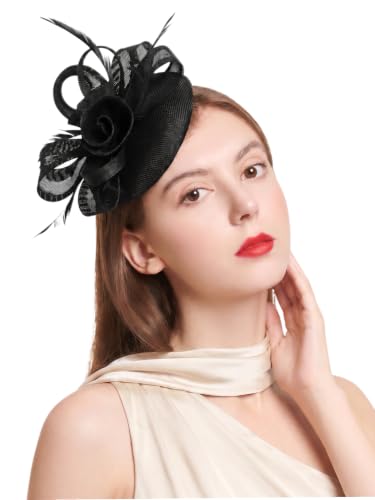 Flower Fascinator Hat Headband Clip for Women Tea Party - color: Black-02