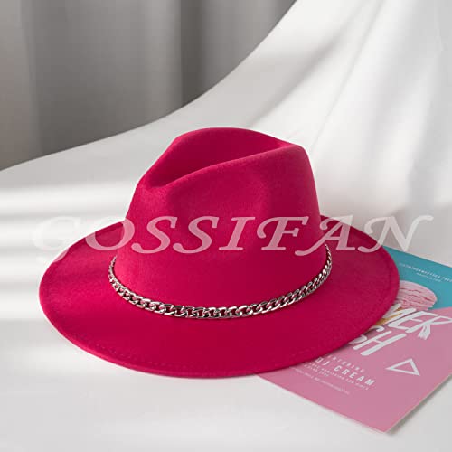 Women Men Wide Brim Fedoran Hat with Chain Belt Buckle - color: Rose Red