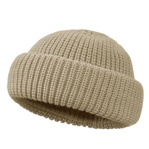 Clakllie Trawler Beanie Watch Hat Knit Cuffed Skullcap Roll-up Edge Stocking Hats Rolled Cuff Knitted Hat Ski Cap - color: Cdus-ddth3-khaki