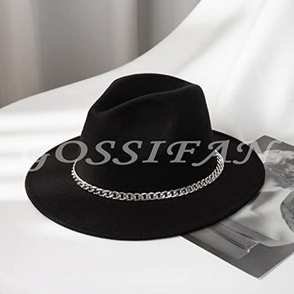 Women Men Wide Brim Fedoran Hat with Chain Belt Buckle - color: Dark Night