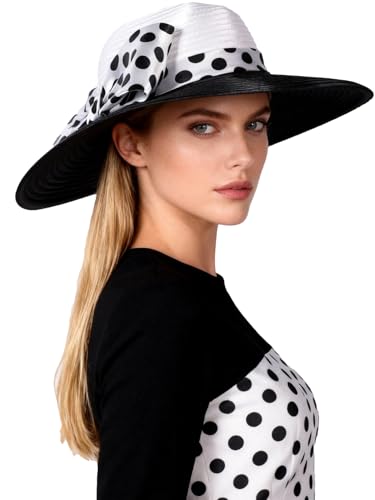 Women Wide Brim Rose Black Patchwork Kentucky Hat for Wedding Party Hat Big Bowknot Polka Dots Fedora Hats - color: White Black