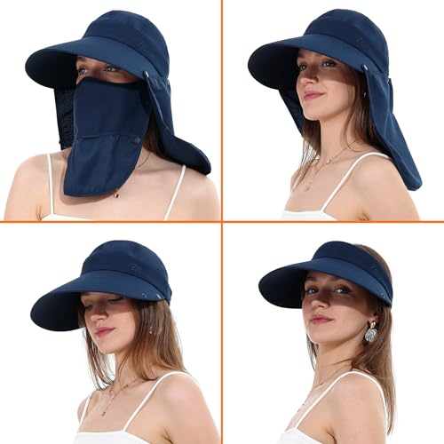 LA CARRIE Women Sun Hats Detachable Wide Brim UV UPF 50+ Face Mask Visor with Neck Flap Hat for Summer Beach - color: Navy