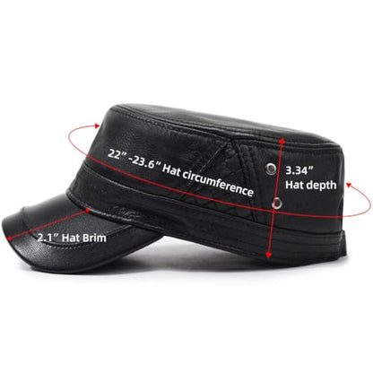 Men's Leather Military Style Hat Cadet Army Caps Flat Top Cap - color: Black