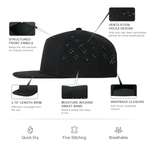 FEINION Men Laser Mesh Flat Brim Snapback Baseball Cap - color: Black