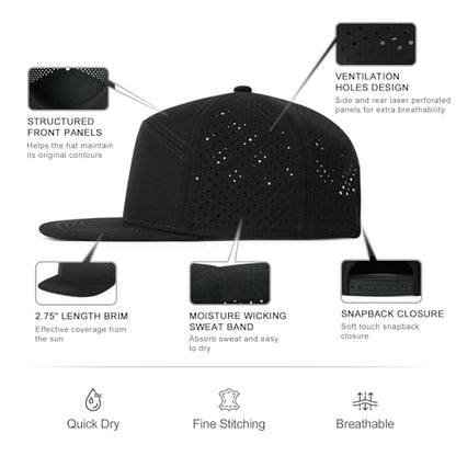 FEINION Men Laser Mesh Flat Brim Snapback Baseball Cap - color: Black