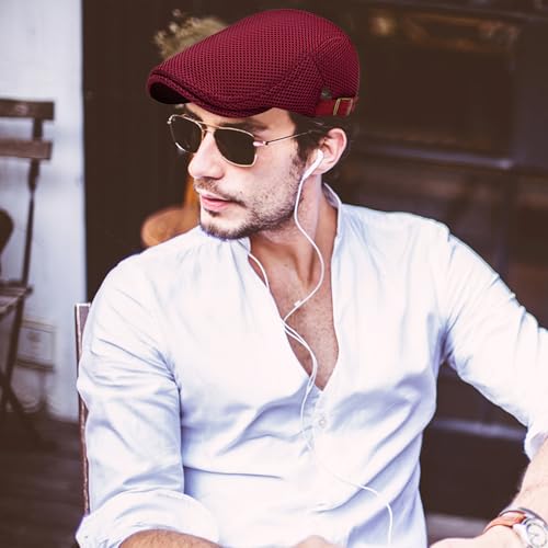 meioro Mens Breathable Mesh Summer Hat Adjustable Flat Cap Newsboy Beret Ivy Cap Irish Cabbie Fishing Hats - color: Burgundy