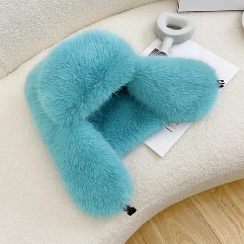 Women's Fluffy Trapper Hat, Long Pile Faux Fur Ushanka hat with Buckle, Luxurious Mink-Style Winter Warm Hat - color: Azure