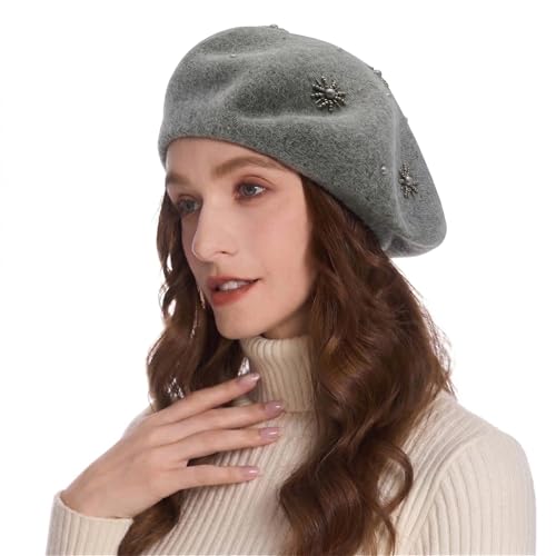 ZLYC Women French Beret Hat Reversible Knit Thickened Warm Artist Cap - color: Plain Gray