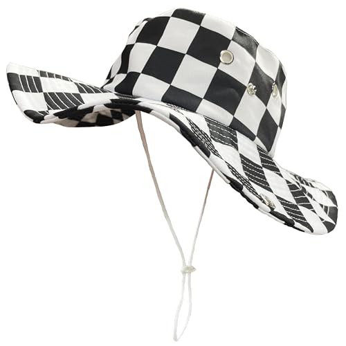 Funny Sun Hat for Men Women Wide Brim Bucket Hat Hiking Boonie Hat Summer Beach Fishing Caps - color: Black White Checkered