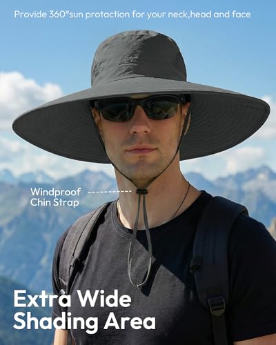 Mens Sun Hat Super Wide Brim Waterproof Breathable Bucket Hats for Men - color: Dark Grey