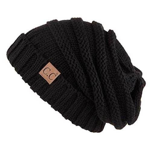 C.C Hat-100 Oversized Baggy Slouch Thick Warm Cap Hat Skully Cable Knit Beanie - color: Black Solid